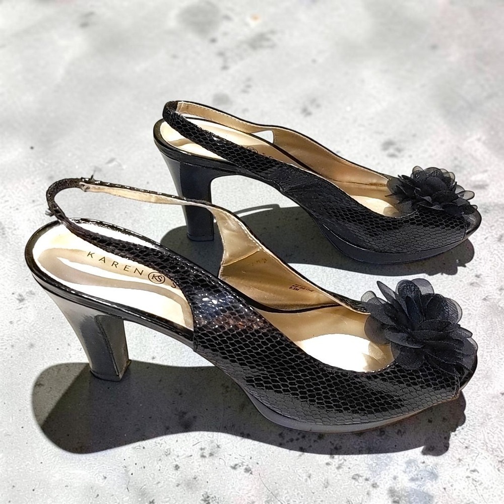 Karen Scott KS-BETHE Slingback Heels 8.5 M Black Snakeskin Floral Peep Toe